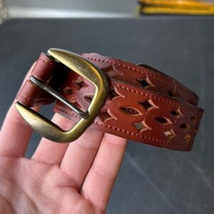 Vintage Mens Brown Leather Belt Western Cutout Design Gold Buckle Size 32 Indie